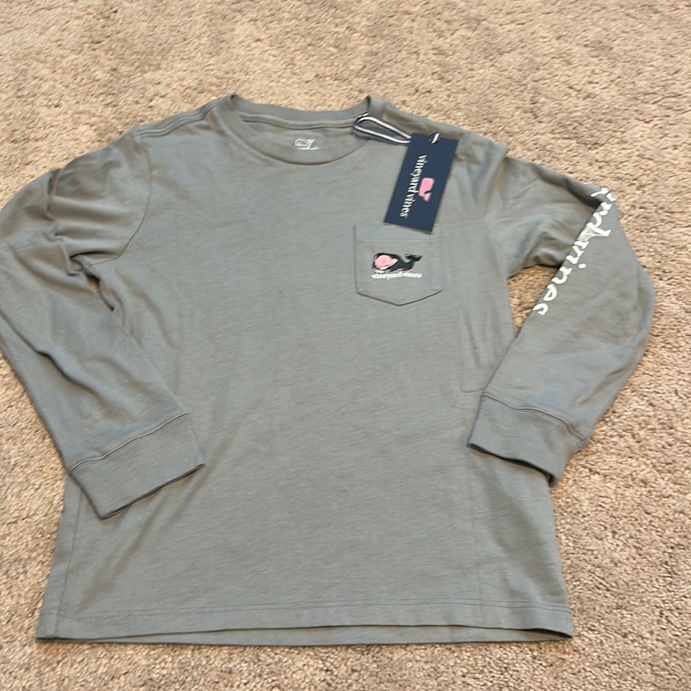 Vineyard Vines Kids Long Sleeve Pocket Tee in Olive Green with Pink Whale